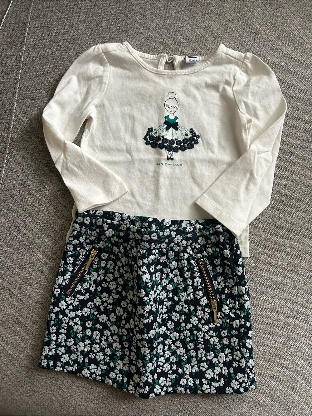 Janie and Jack Cream Top with Green and Black Floral Skirt